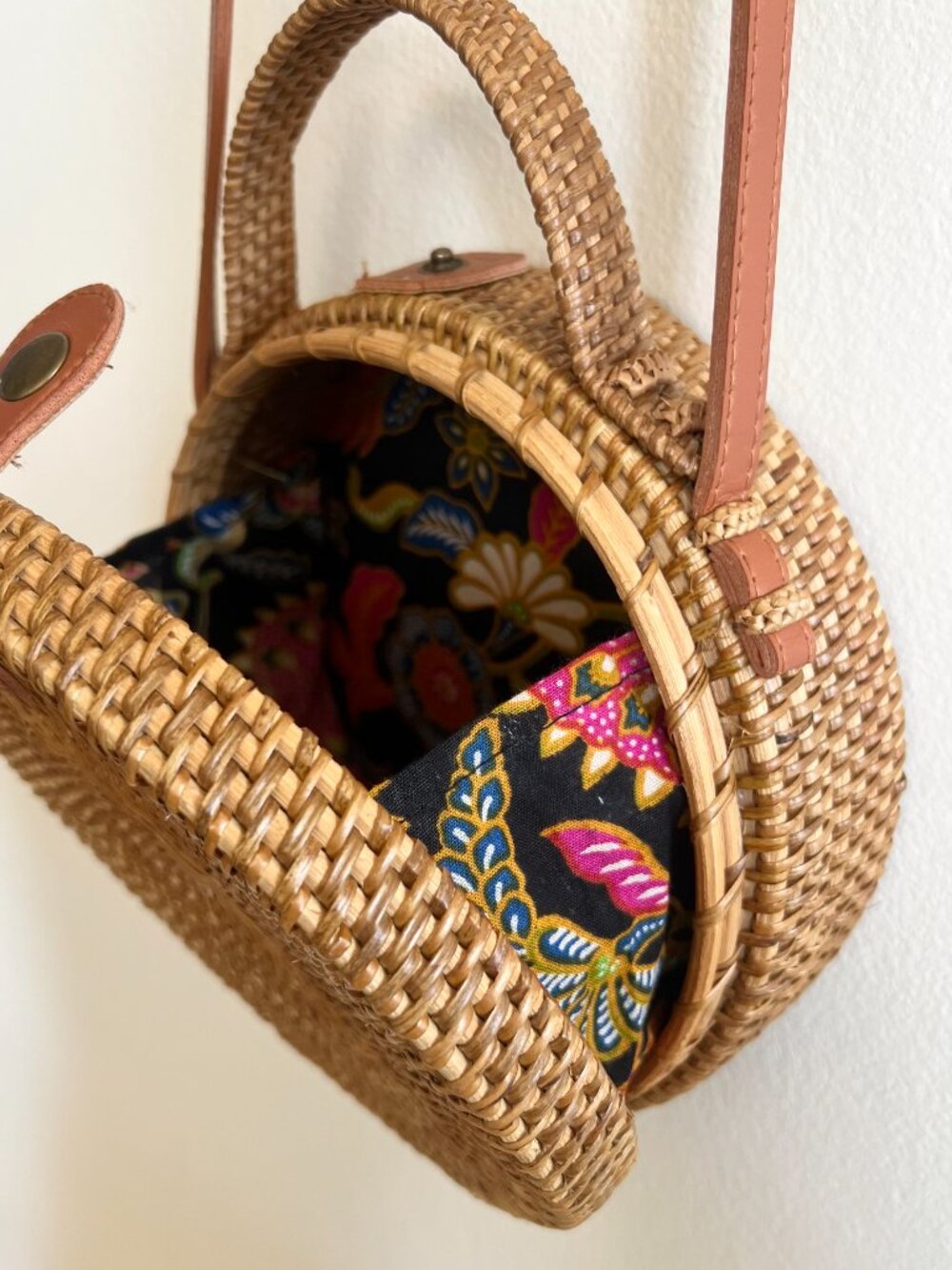 Wooven brown Crossbody Basket Bag with flower fabric inside